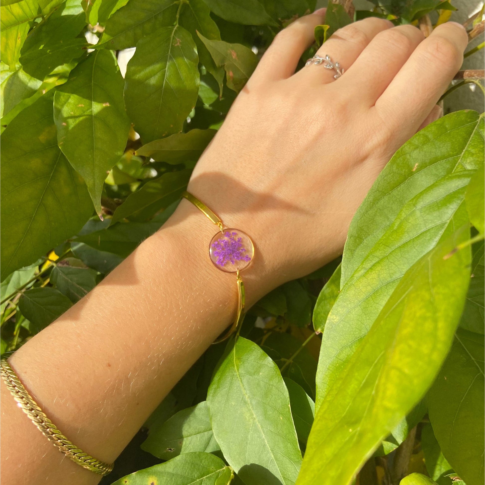 Purple Queen Anne Dentelle fleur or couleur bracelet fleur pressée cadeau fête des mères pour elle - Lorred