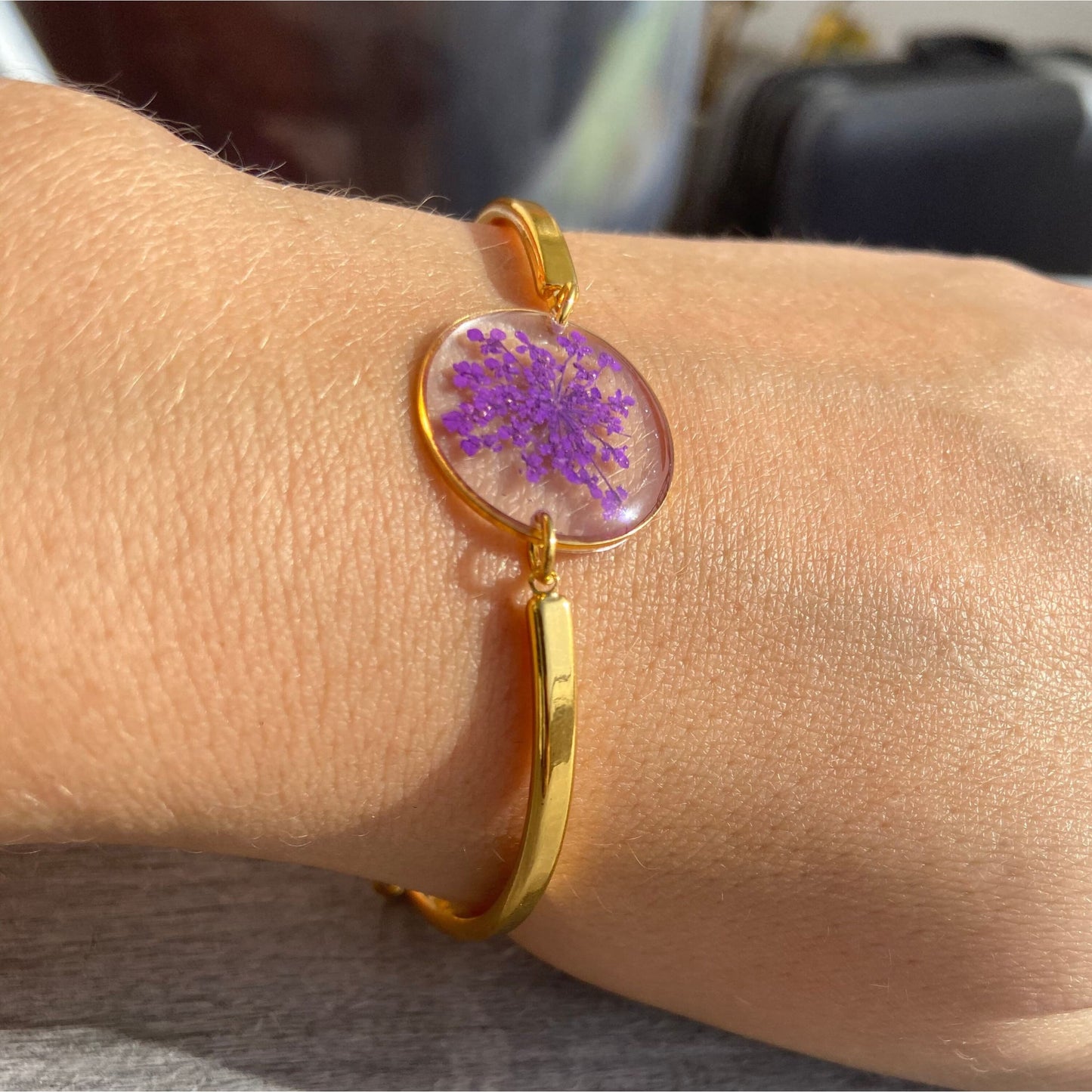 Purple Queen Anne Dentelle fleur or couleur bracelet fleur pressée cadeau fête des mères pour elle - Lorred
