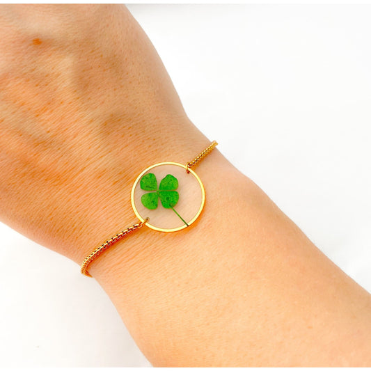 Gold color bracelet with pressed four leaf clover perfect St Patrick's gift - Lorred