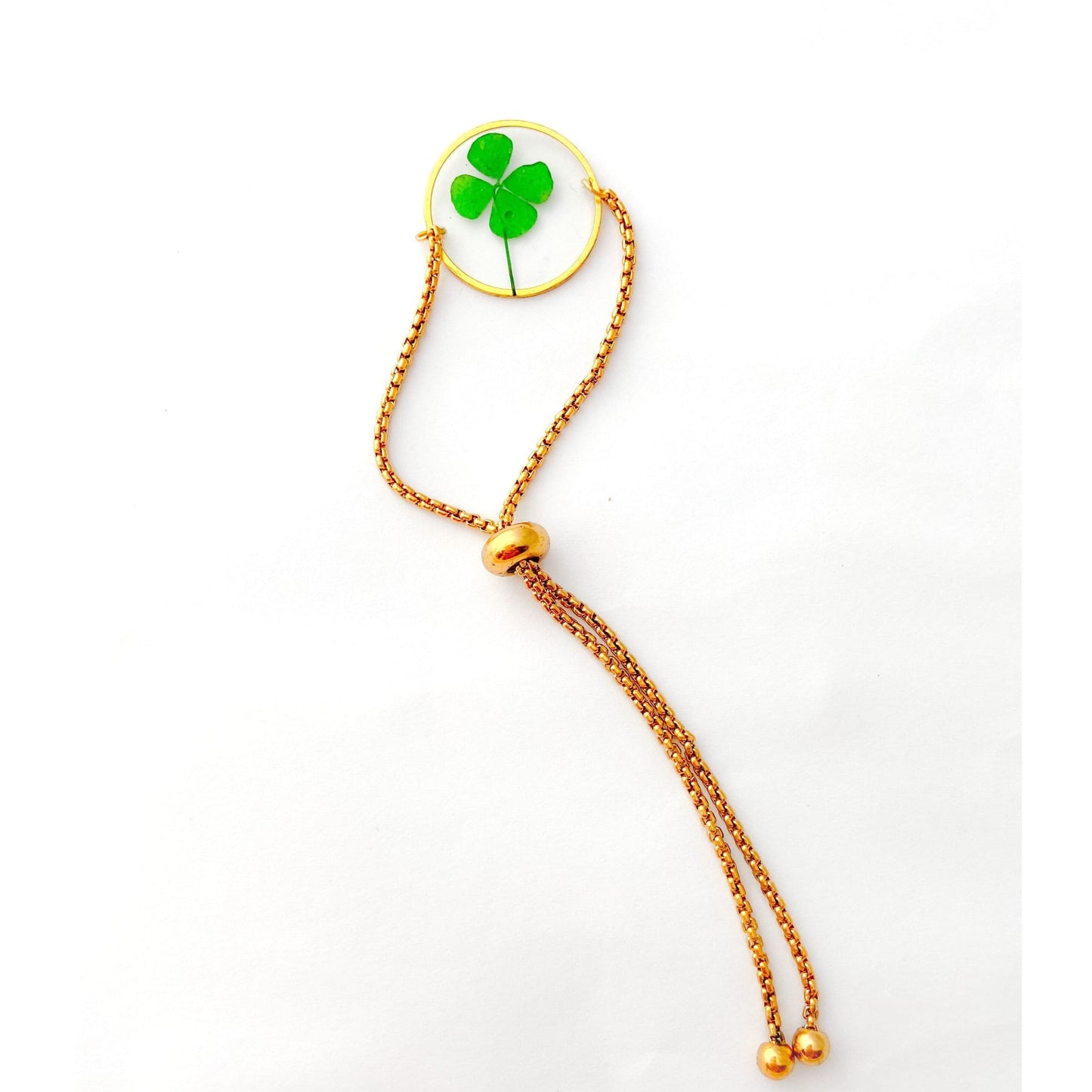 Gold color bracelet with pressed four leaf clover perfect St Patrick's gift - Lorred