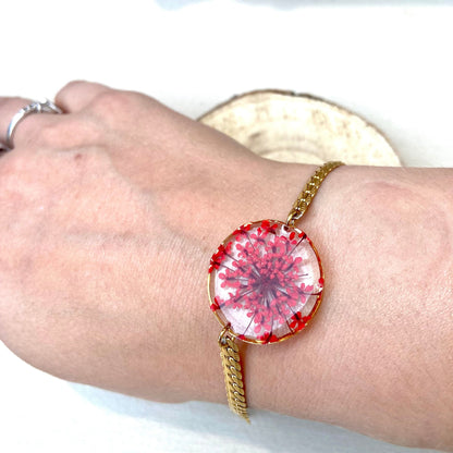 Bracelet argent inclusion de la fleur dentelle de la Reine Anne séchée rouge cadeau de Fête des Mères pour elle - Lorred