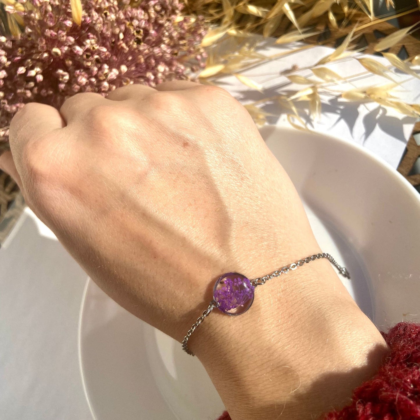 Bracelet de couleur argent avec cadeau de fleur de dentelle de la reine Anne violette pour elle - Lorred