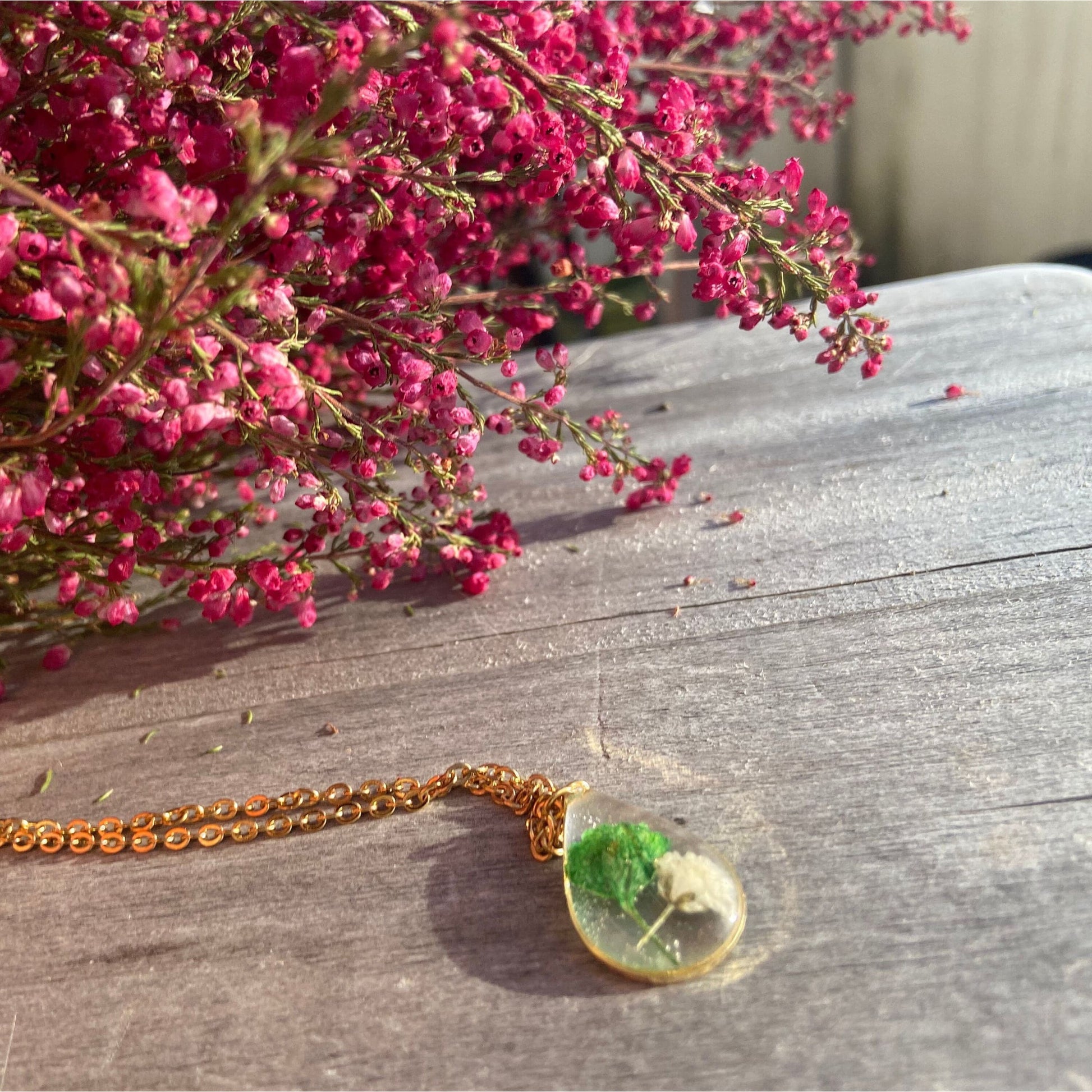Green and white baby's breath drop gold color necklace Mother day or Saint Patrick's gift for her - Lorred